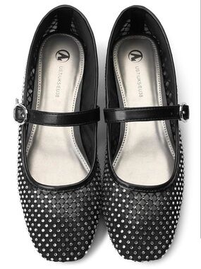 HOMETRUE Mesh Sparkly Rhinestone Mary Jane Balletina Balley Flats